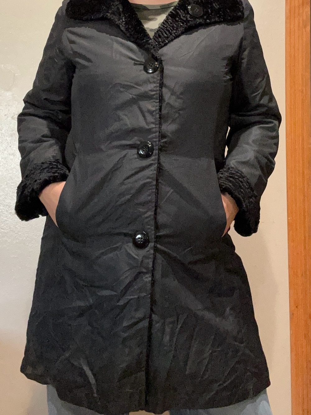 Ellen Tracy Black Textured Teddy Coat with Button Front